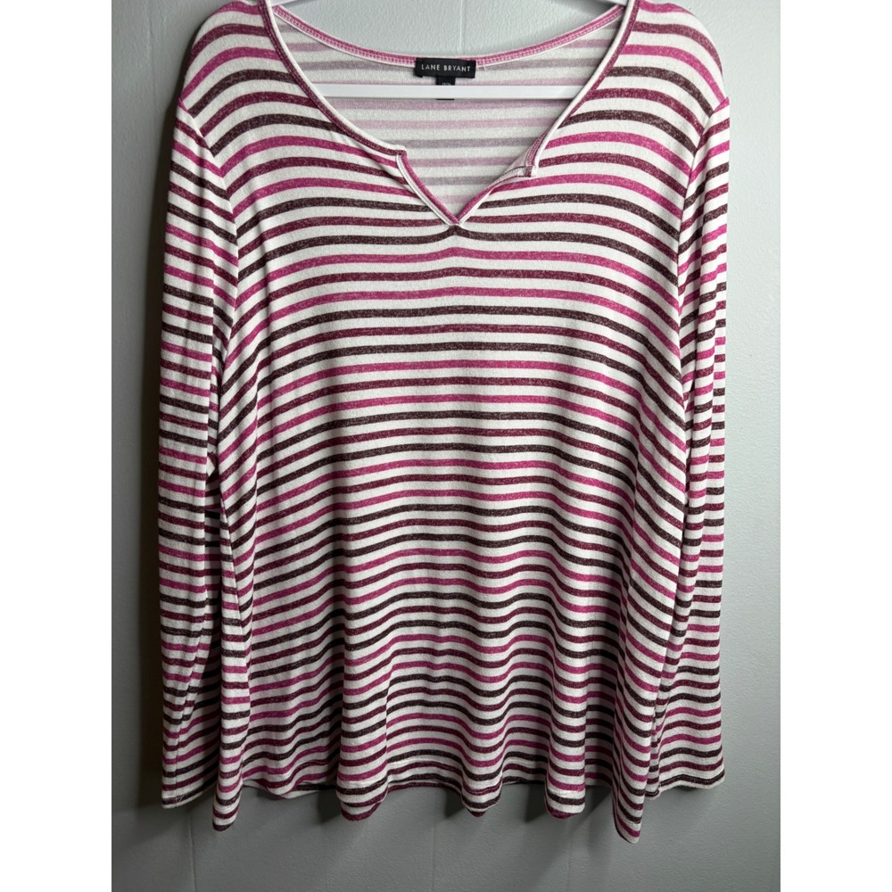Lane Bryant Pink Burgundy Striped Notched V-Neck Long Sleeve Knit Top 14/16